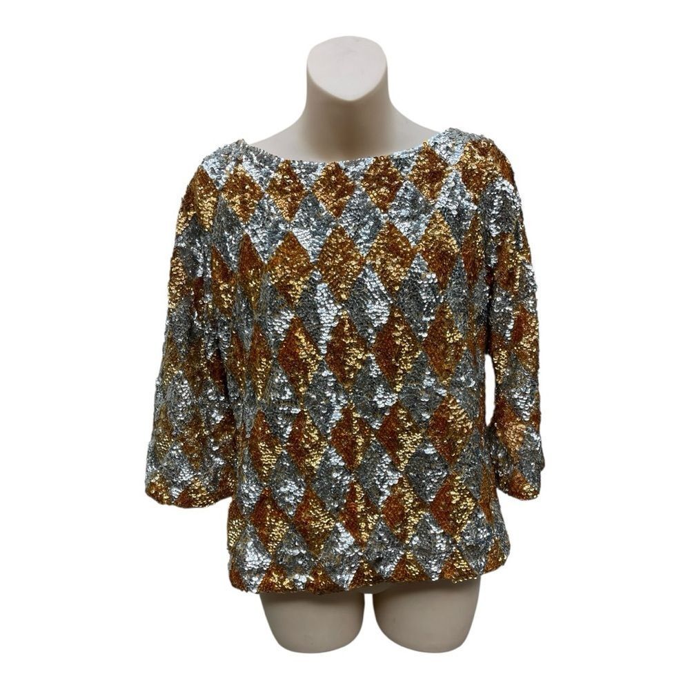 Vintage Valentina Wool Sequins Shimmering Silver and Gold Diamond Blouse Size L